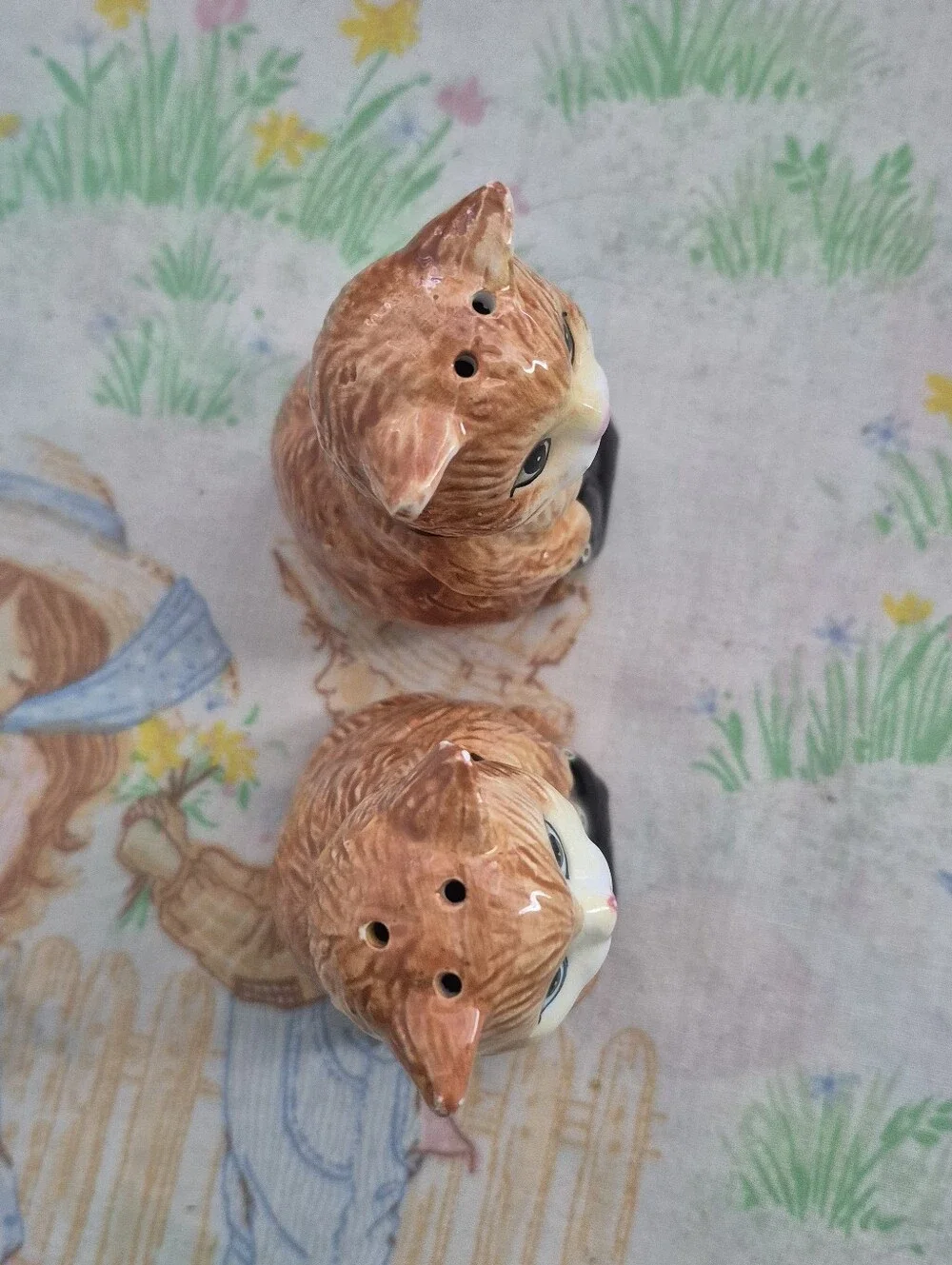 🌙​VTG GKRO Orange Ginger Cat holding Fish Ceramic Salt & Pepper Shaker Set